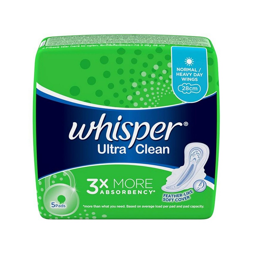 Combo 6 Băng Vệ Sinh Whisper Ultra Clean Siêu Mỏng Có Cánh Ngày Nhiều Và Ban Đêm 28cm (Gói 5 Miếng)