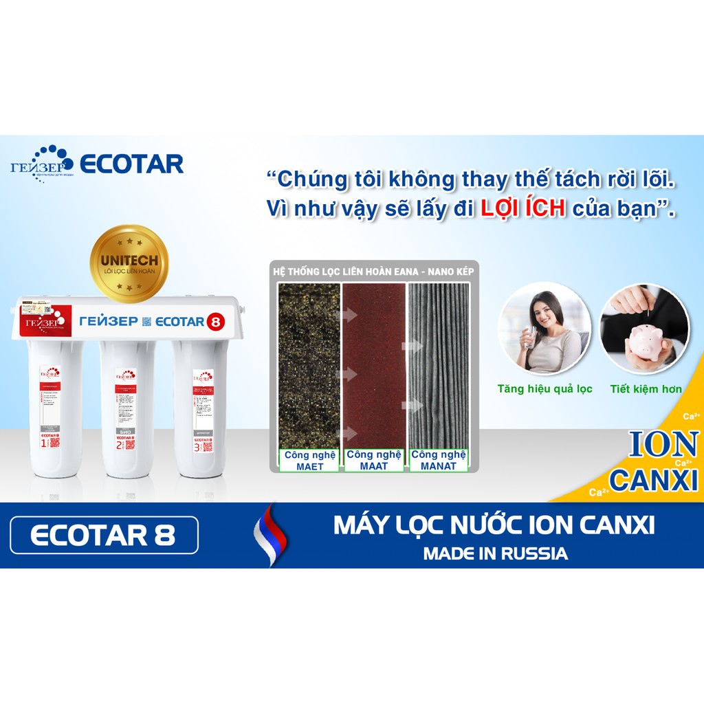 Máy lọc nước không vỏ tủ bình lọc nước gia đình không dùng điện không nước thải nano geyser ecotar 8  và phụ kiện