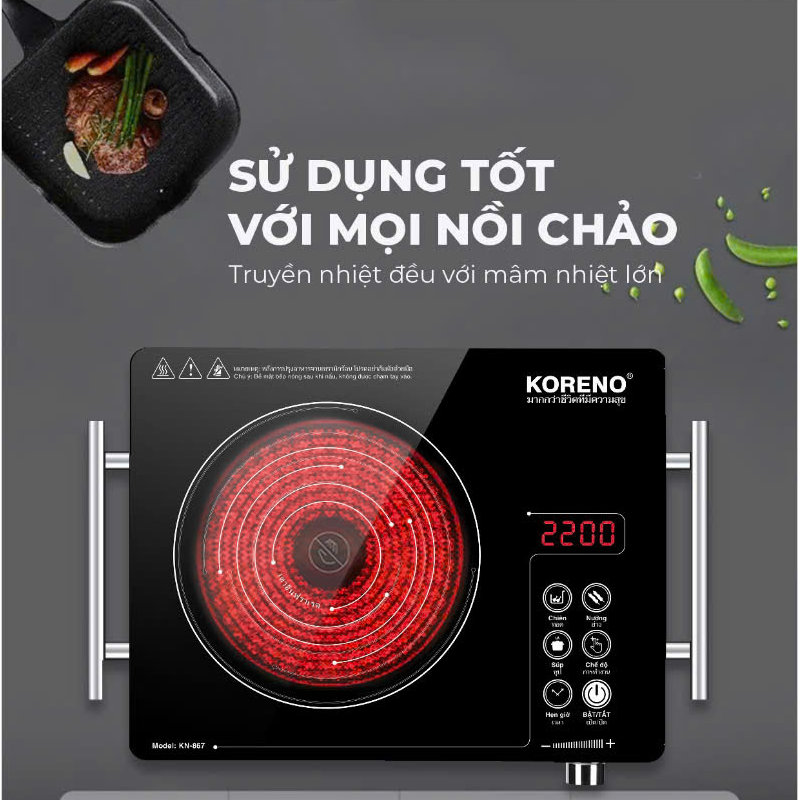 Bếp hồng ngoại Koreno Thái Lan KN-867 công suất 2200W tặng kèm vỉ nướng, bảo hành 12 tháng - Hàng chính hãng