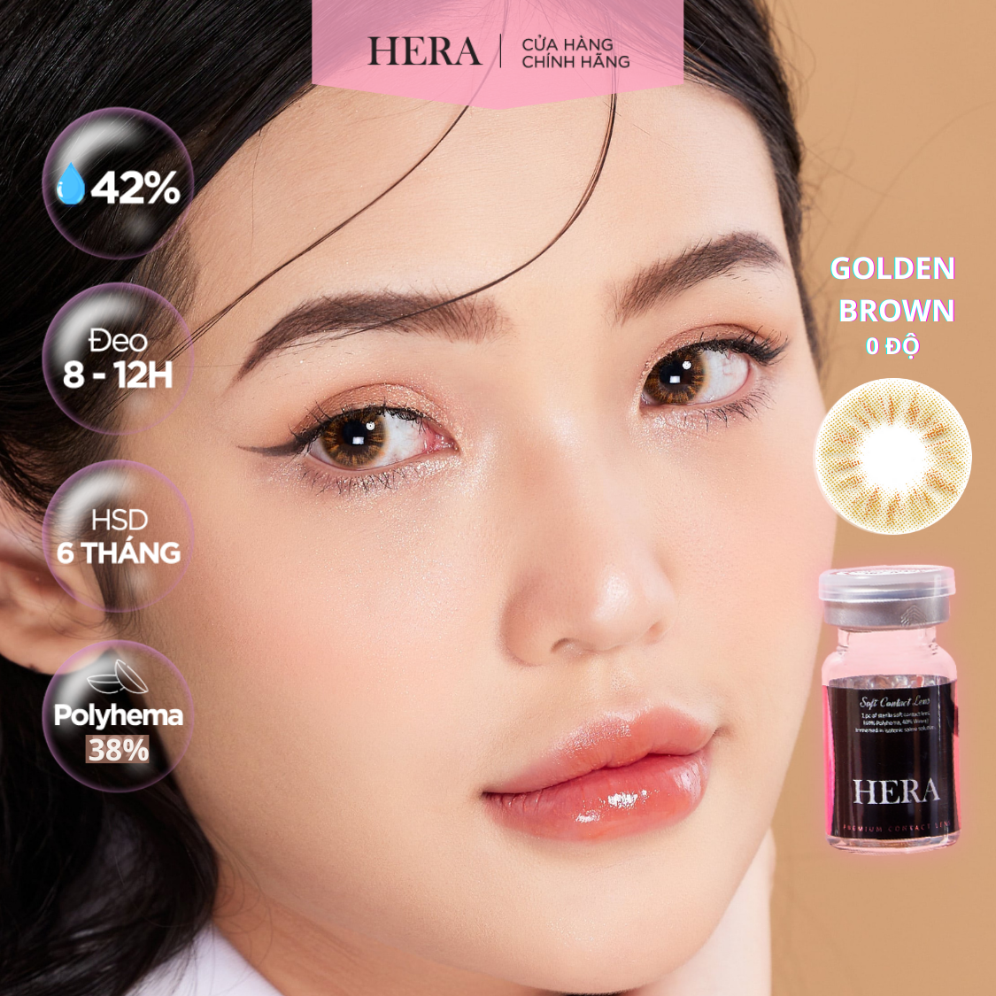 Kính Áp Tròng Hera Nâu Hoàng Kim Không Độ GOLDEN BROWN Nhập Khẩu Hàn Quốc Lens Không Cận 6 Tháng