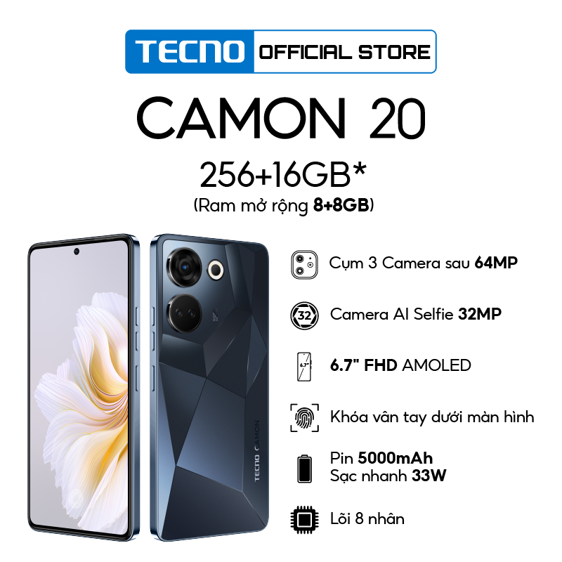 Điện thoại Tecno CAMON 20 8GB/256GB - Camera 64MP + 32MP | 5000 mAh | Sạc nhanh 33W | 6.7'' FHD AMOLED - BH 13 Tháng - Hàng Chính Hãng