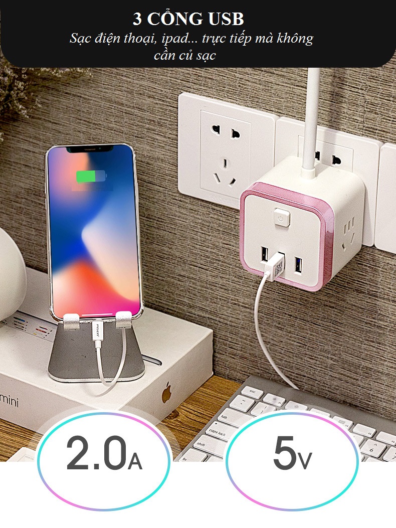 Ổ CẮM ĐIỆN ĐA NĂNG HÌNH KHỐI RUBIK KIÊM ĐÈN NGỦ CÓ CỔNG USB SẠC ĐIỆN THOẠI