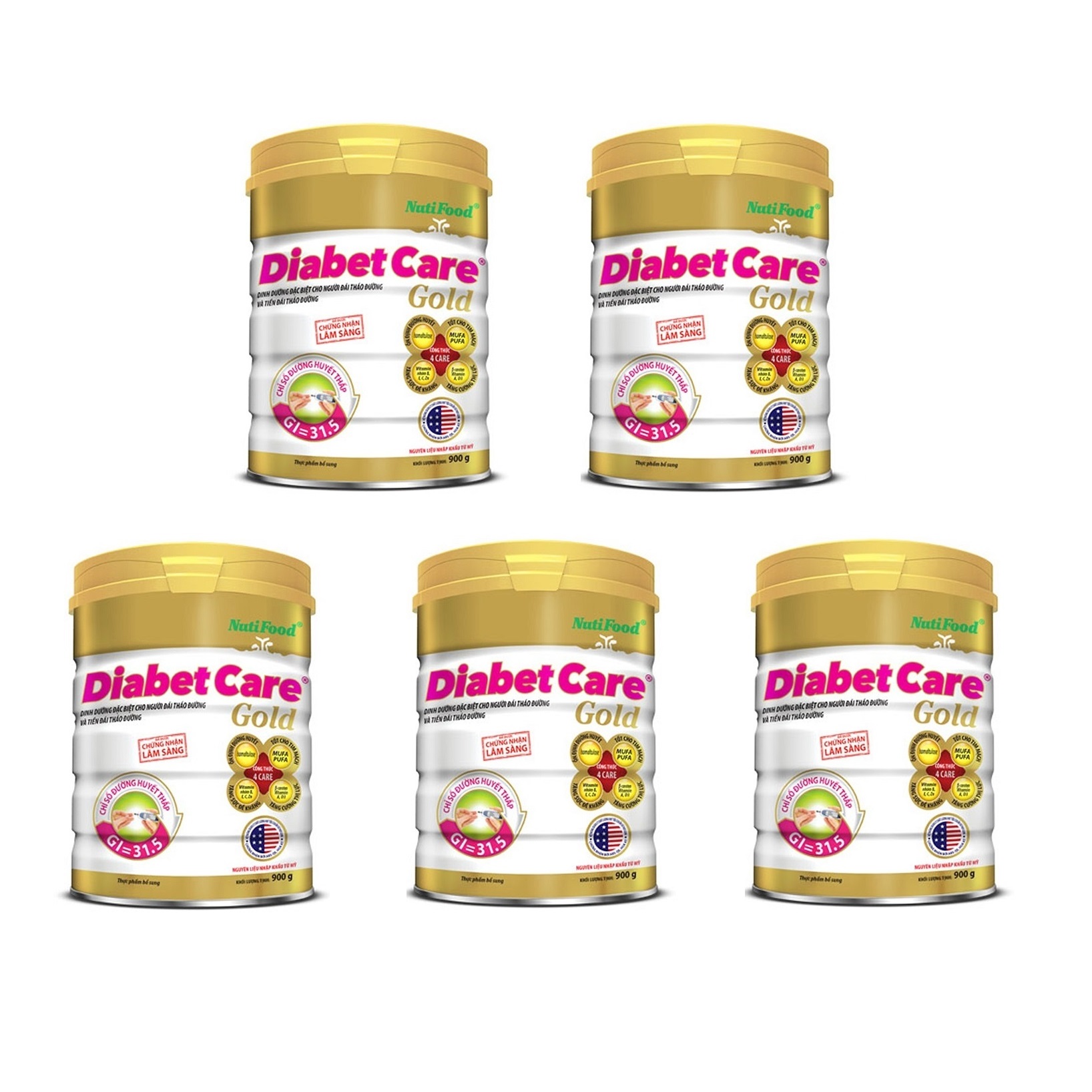 Bộ 5 Lon Sữa Bột NutiFood Diabet Care Gold Lon 900g Cho Người Tiểu Đường, Đái Tháo Đường Và Tiền Đái Tháo Đường