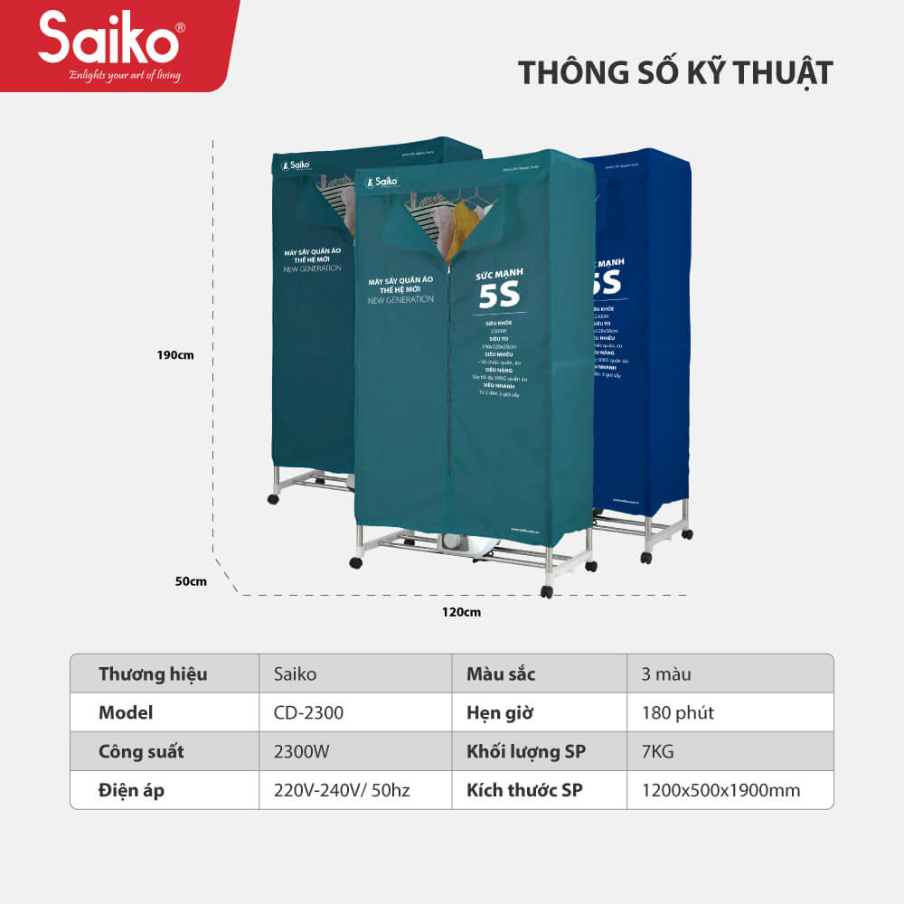 Tủ sấy quần áo Saiko CD-2300 (2300W - 50KG) hàng chính hãng