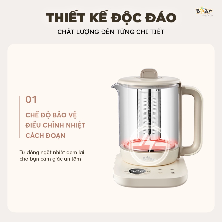 Bình Pha Trà Sothing Bear SB-PT15K 1000W Ấm Thủy Tinh Đun Nước Giữ Nhiệt Hẹn Giờ Có Lõi Lọc- Hàng Chính Hãng