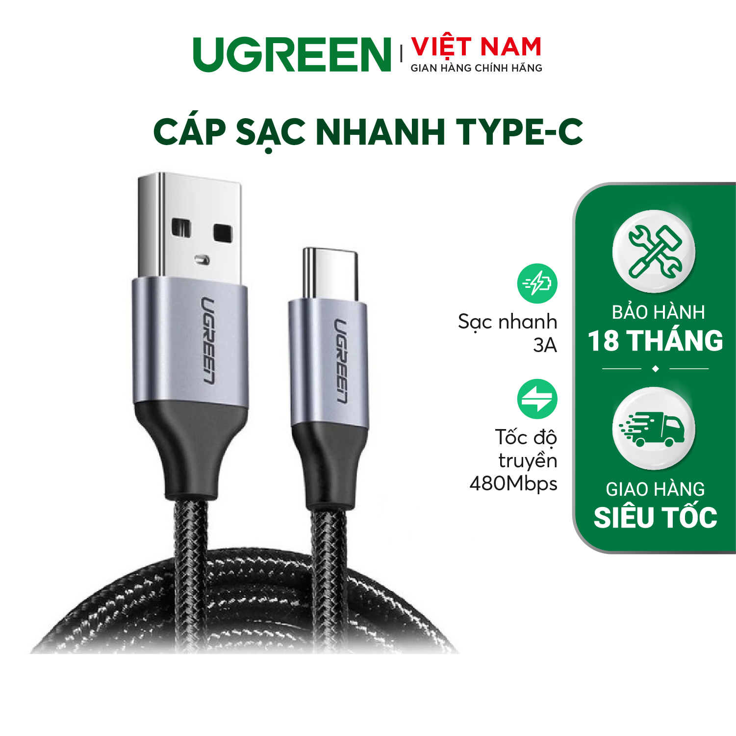 Hình ảnh Cáp sạc và truyền dữ liệu UGREEN US288 cổng Type-c, độ dài từ 0.25m đến 2m, dòng 3A, đầu nhôm vỏ nylon - Hàng chính hãng