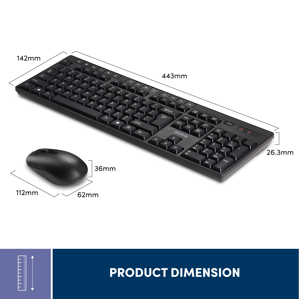 Bộ bàn phím chuột không dây PROLiNK PCWM7005 Fullsize cao cấp, chống thấm nước, thời lượng pin cao dành cho PC, Laptop - Hàng chính hãng