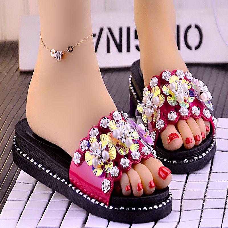 Dép sandal đế xuồng chống trượt đính đá thời trang mùa hè cho nữ