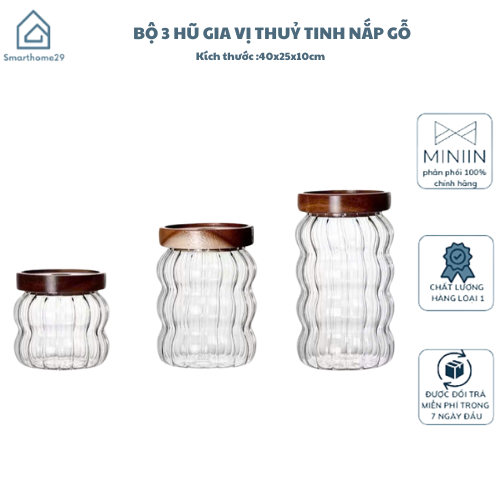 Bộ 3 Hũ Gia Vị Thuỷ Tinh Nắp Gỗ, Lọ Đựng Gia Vị Kín Hơi Với Gioăng Cao Su - HÀNG CHÍNH HÃNG MINIIN