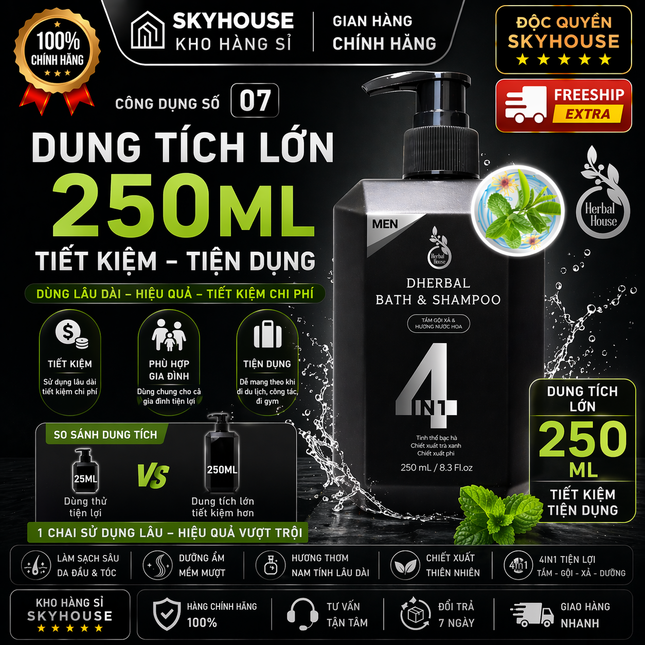 Dầu gội thảo dược thiên nhiên 4in1 tinh chất bạc hà độc quyền DHERBAL chai 250ml dầu gội trị gàu mọc tóc chính hãng