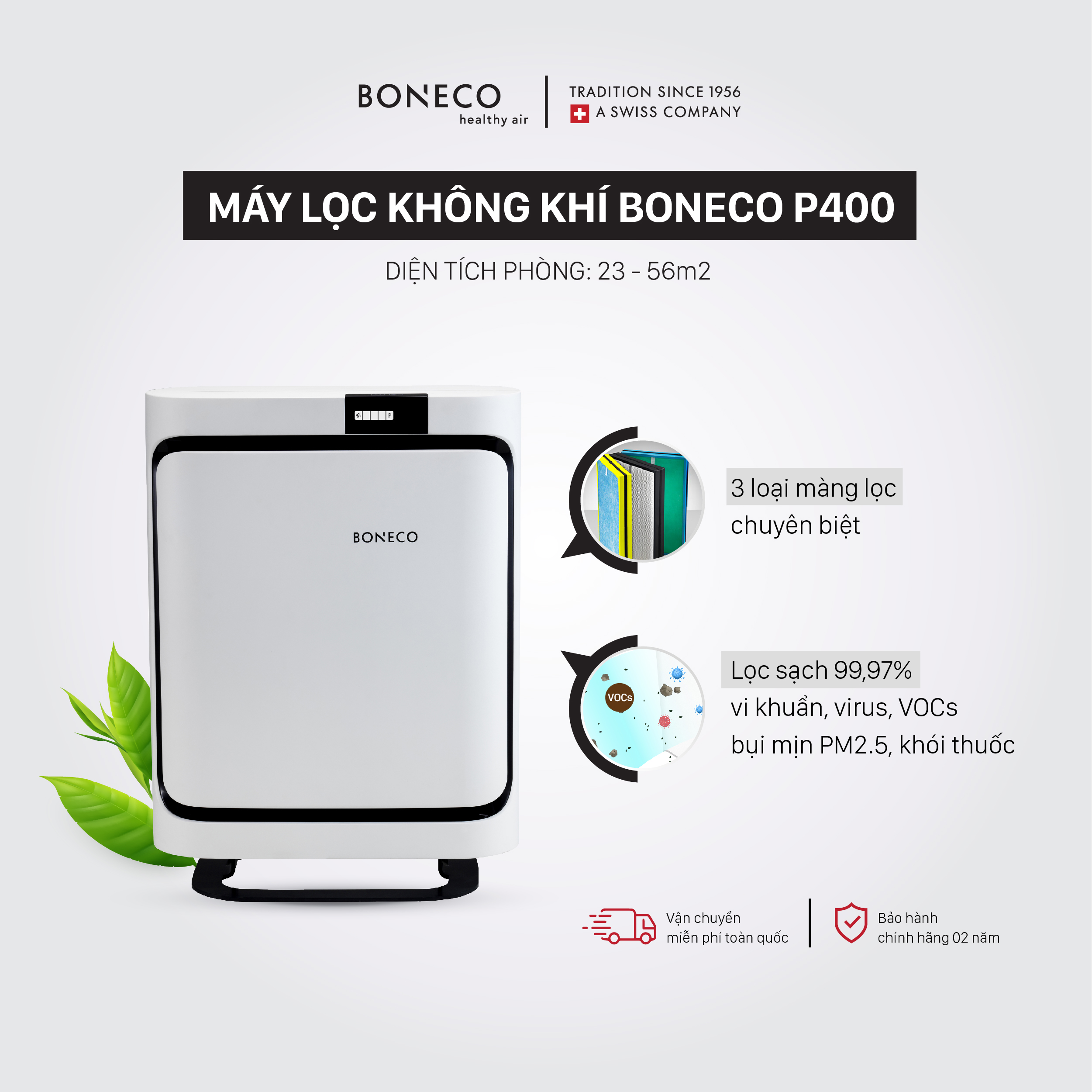 Máy Lọc Không Khí BONECO P400 Khử Mùi Phòng, Chống Dị Ứng, Diệt Virus, Bộ Lọc Hepa Lọc Bụi, Báo Ô Nhiễm, Khuếch Tán Xông Tinh Dầu (56m2) - Hàng Chính Hãng