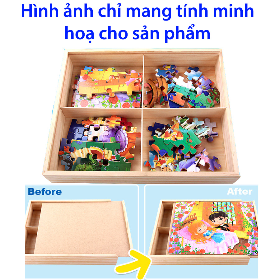 Tranh ghép hình cho bé 4 trong 1 gồm 40 mảnh, 60 mảnh, 80 mảnh, 100 mảnh bằng gỗ