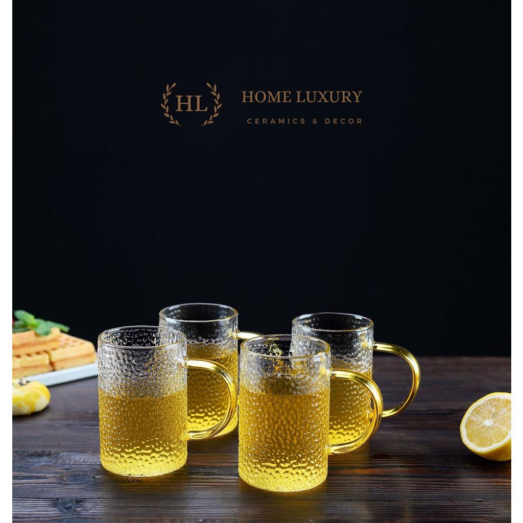 Bình thuỷ tinh chịu nhiệt sần quai vàng | Bộ bình cốc thủy tinh sần Borosilicate chịu nhiệt, chịu lực cao cấp 1.6L 1.8L