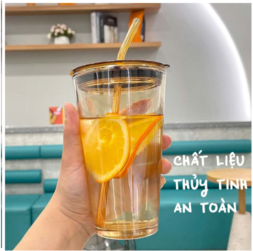 Cốc Thủy Tinh Bọc Da Cao Cấp Tặng Kèm Nắp Đậy Và Ống Hút GD596-LyTT