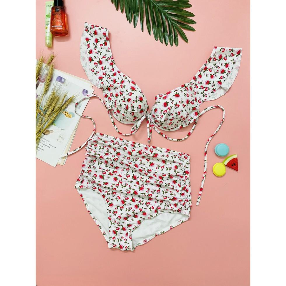freeship Đồ bơi, bikini hai cánh tiên ️Freeship️ nền trắng hoa hồng nhí mặc đi biển đi bơi đẹp