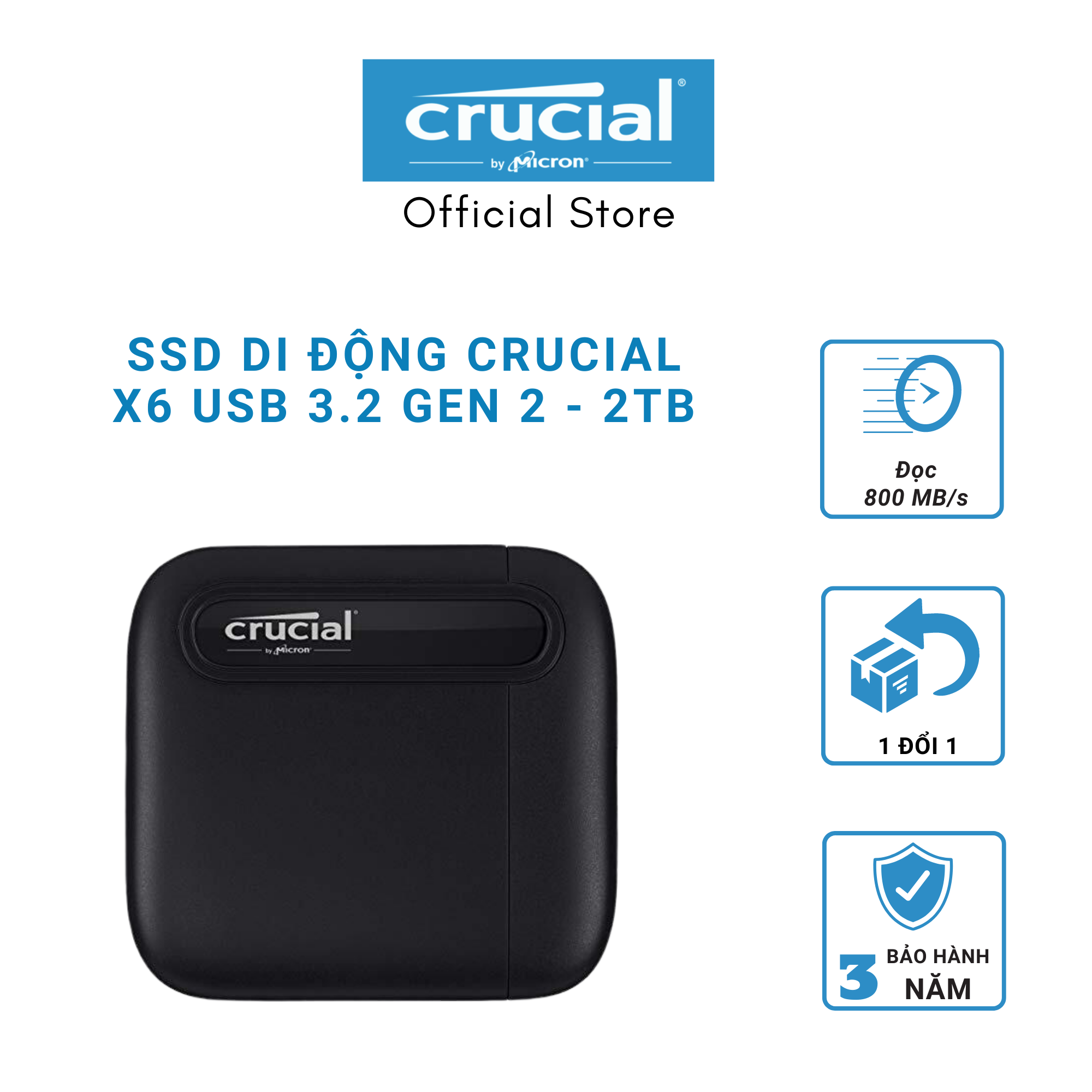 Ổ cứng di động 2TB External SSD Crucial X6 USB 3.2 Gen 2 Type-C CT2000X6SSD9 - Hàng chính hãng