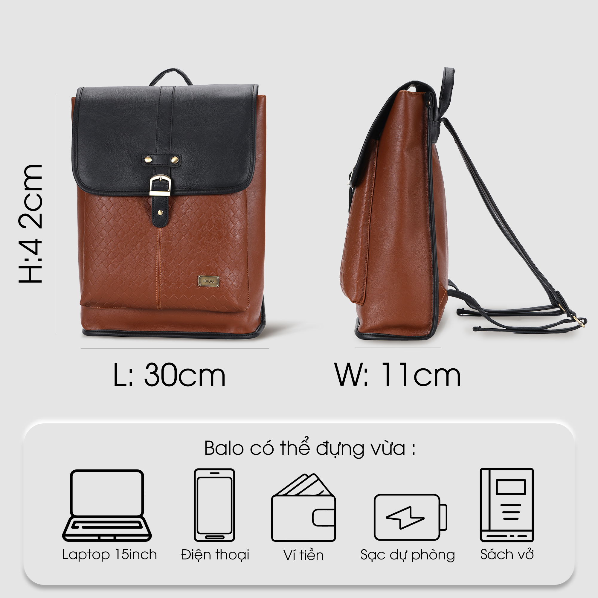 Balo laptop nam nữ 15 inch, ba lô đựng máy tính đi làm 15 inch, họa tiết dập nổi IDIGO UBP2 - 6029