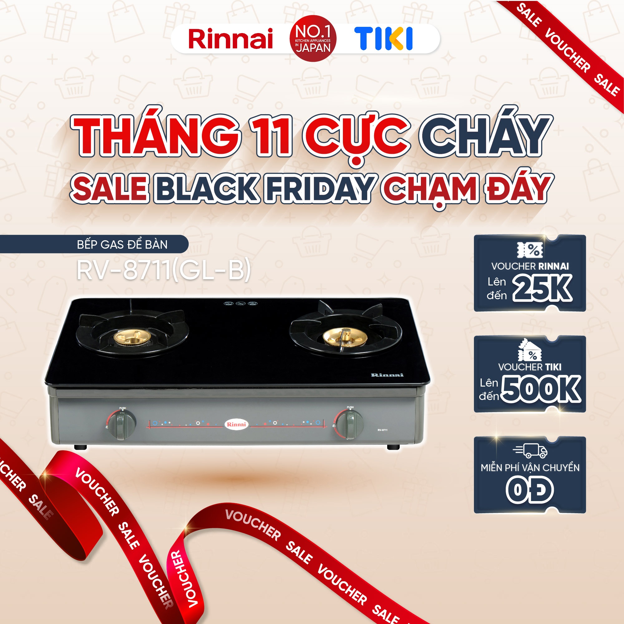 Bếp gas dương Rinnai RV-8711(GL-B) mặt bếp kính và kiềng bếp men - Hàng chính hãng.