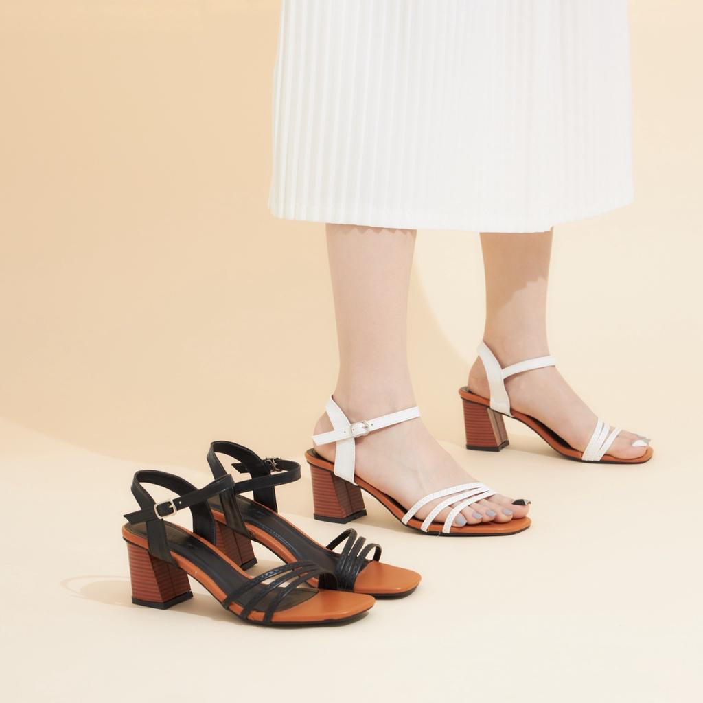 Giày Cao Gót MWC 4382 - Giày Sandal Cao Gót 5P Quai Ngang Mảnh Viền Chỉ Phối Quai Hậu Gót Vuông Vân Gỗ 5cm Thời Trang