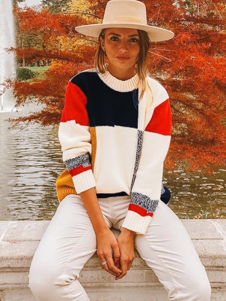New Winter Women Knitted Sweater Top Multicolor Block O-Neck Long Sleeve Loose Casual Pullover Tee Shirt White