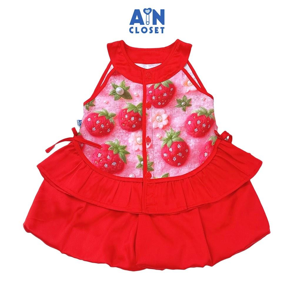 Set bộ quần áo Ngắn bé gái họa tiết Dâu 3D Lụa Đỏ cổ yếm - AICDBGXQH6LA - AIN Closet