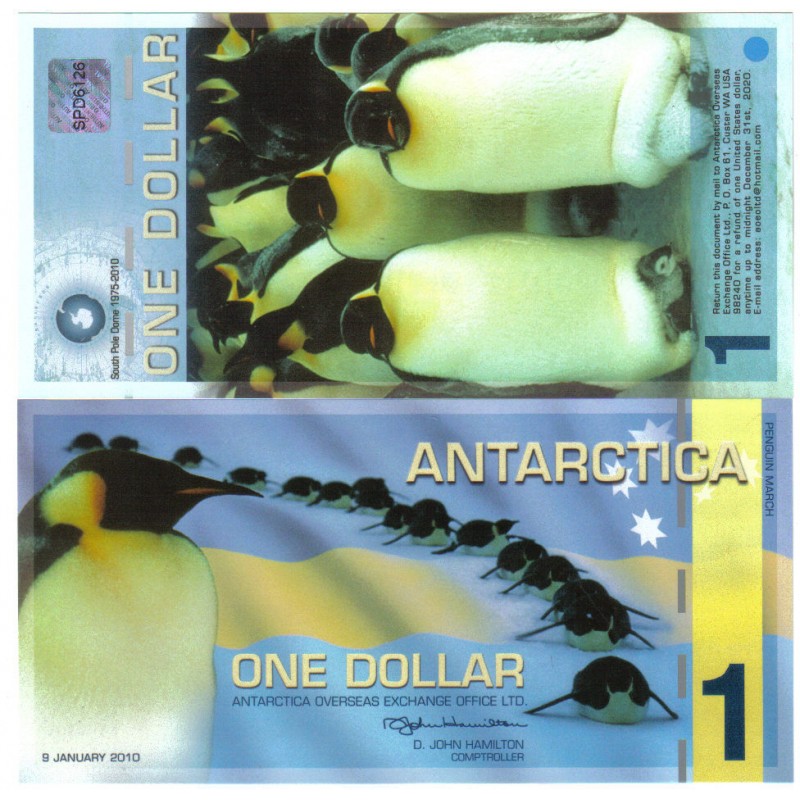 Tiền thế giới, Tờ tiền lưu niệm 1 dollar Nam Cực, hình ảnh con chim cánh cụt, bảo an tiền thật