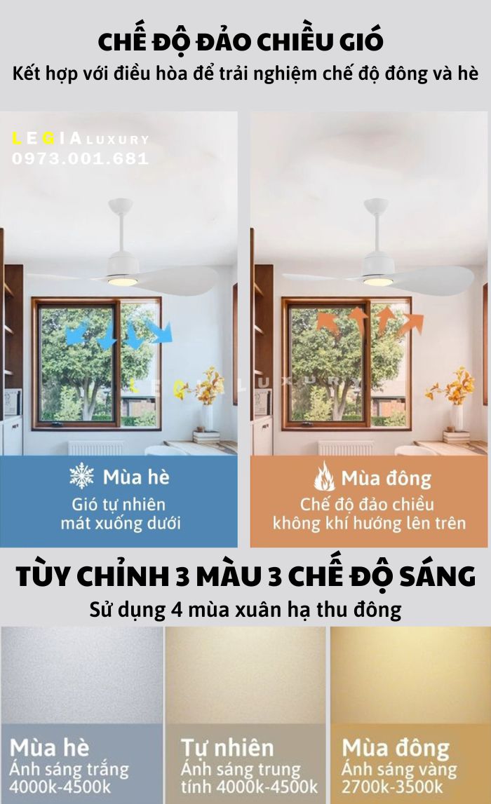 Quạt trần đèn trang trí hiện đại Lê Gia LGFAN744 | Quạt trần thiết kế phong cách sang trọng | Quạt trần chung cư giá rẻ {Hàng Chính Hãng}