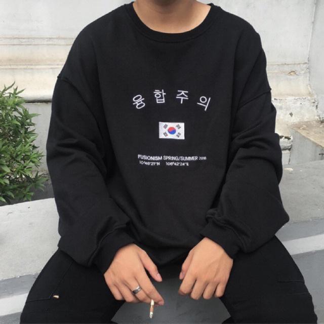 Áo Sweater chất da cá thêu Cờ Hàn dài tay freesize dưới 75kg Unisex