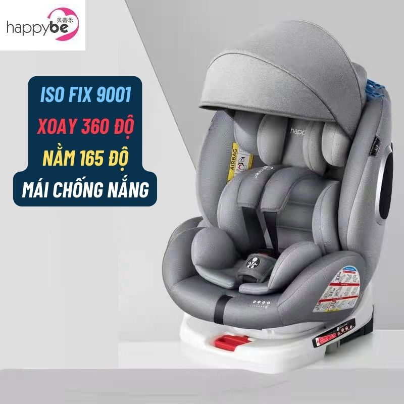 Ghế ô tô cho bé Happybe CHUẨN ISO 9001, xoay quanh 360 độ, 4 tư thế từ nằm tới ngồi, độ cao 7 cấp cho bé từ 0-12 tuổi có mái che nắng