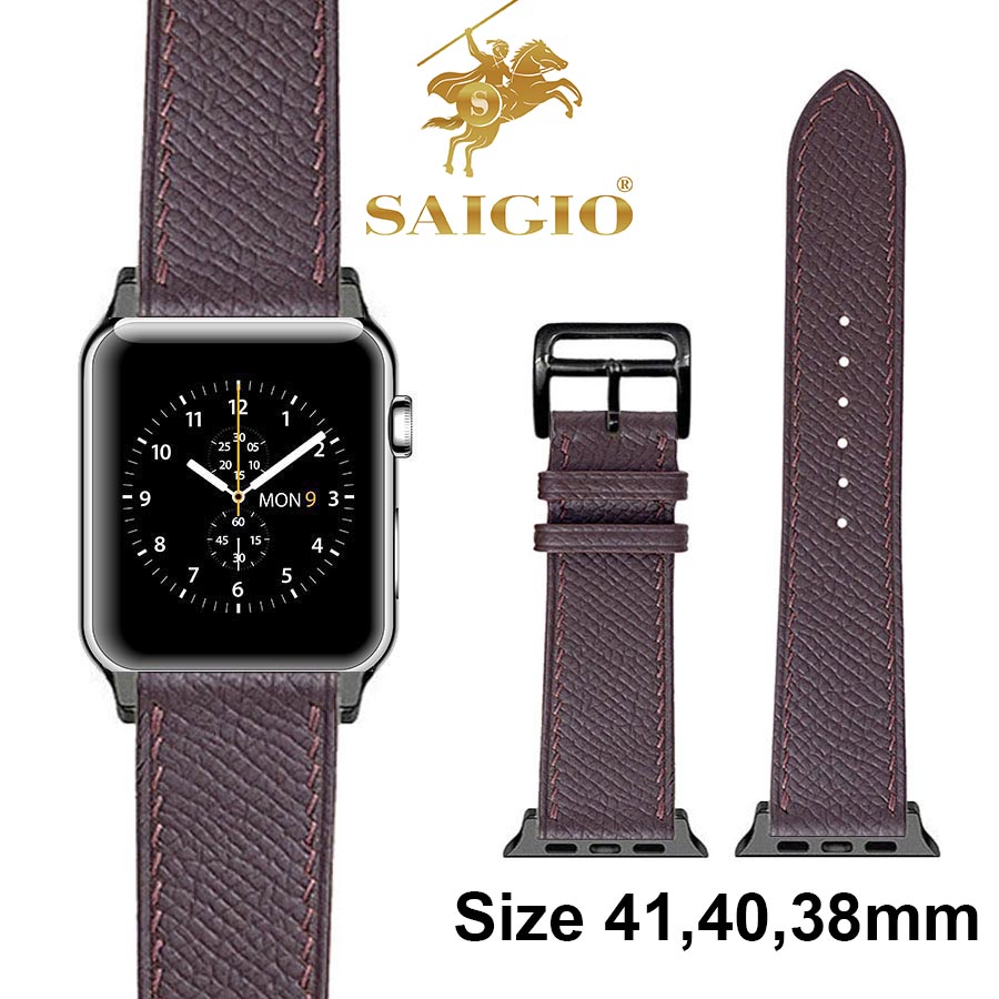 Dây Đồng Hồ Apple Watch 41mm 40mm 38mm, Chất Liệu Da Bê EPSOM Thảo Mộc Cao Cấp, Nhập Khẩu Từ Châu Âu, Dây Đeo Phong Cách Hiện Đại và Sang Trọng, Tương Thích Các Phiên Bản Series 8/7/6/5/4/3/2/1/SE/SE2 - Nâu - ADAPTER ĐEN