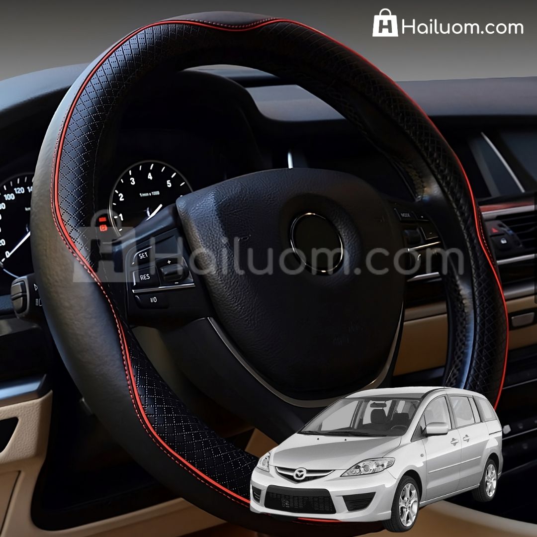 Bọc Vô Lăng ô tô cho MAZDA PREMACY Da Thật Cao Cấp - Màu Đen Chỉ Đỏ