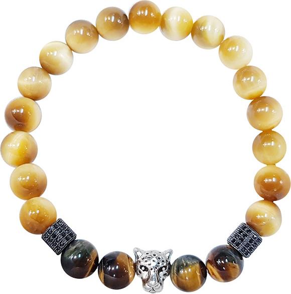 Vòng Tay Nam Mệnh Kim, Thổ Mắt Hổ Vàng Phối Mắt Hổ Nâu Charm Đầu Hổ - NA.17