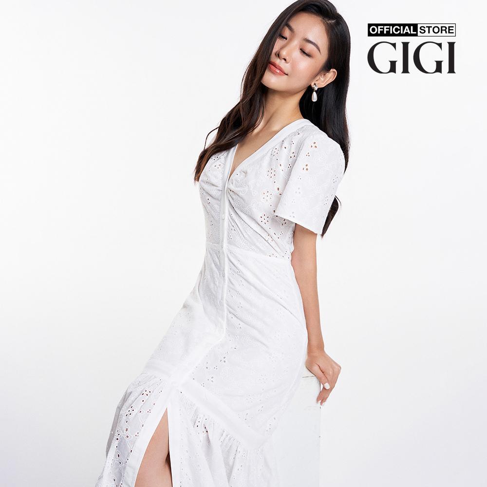 GIGI - Đầm xếp tầng midi cổ V tay ngắn phối nút hiện đại G2102D233185