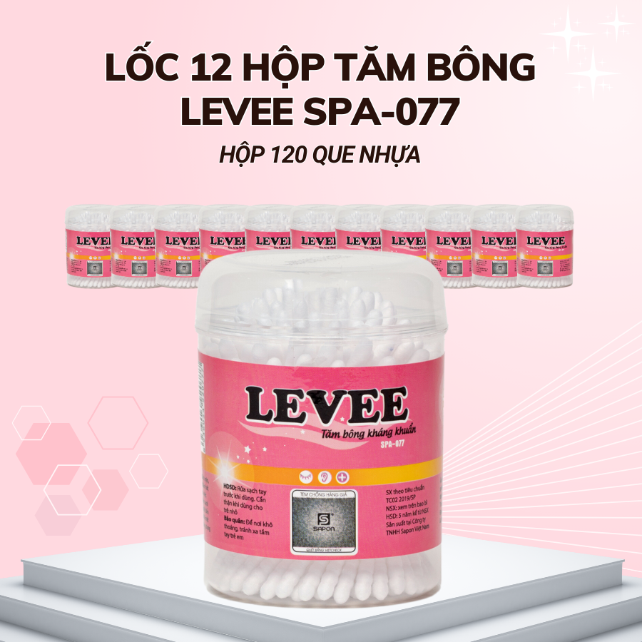 Lốc 12 hộp Tăm bông Levee trẻ em thân nhựa hộp 120 que SPB-077