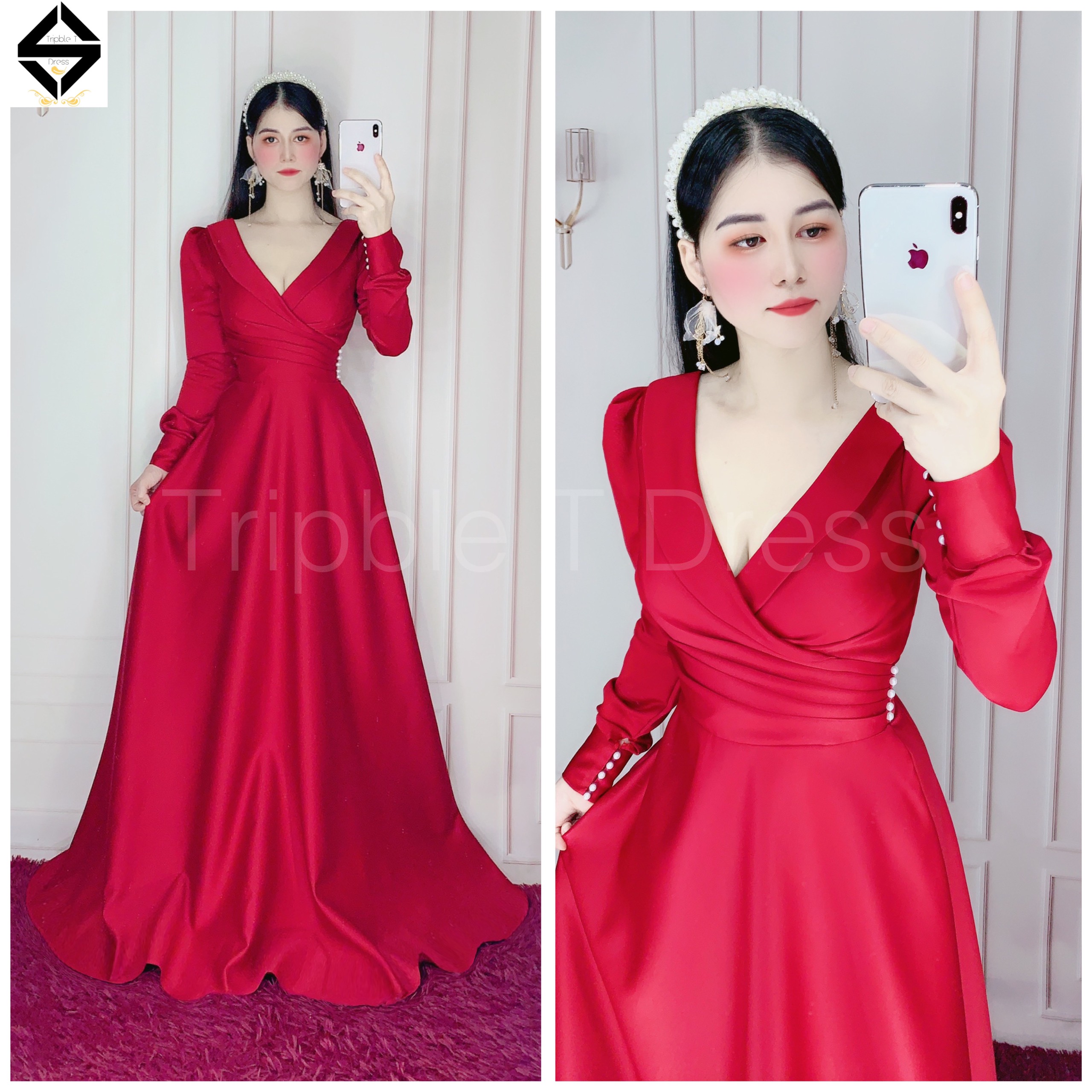 Đầm maxi mặc cưới tay dài hở lưng dây cườm TRIPBLE T DRESS -size S/M/L - MS160Y