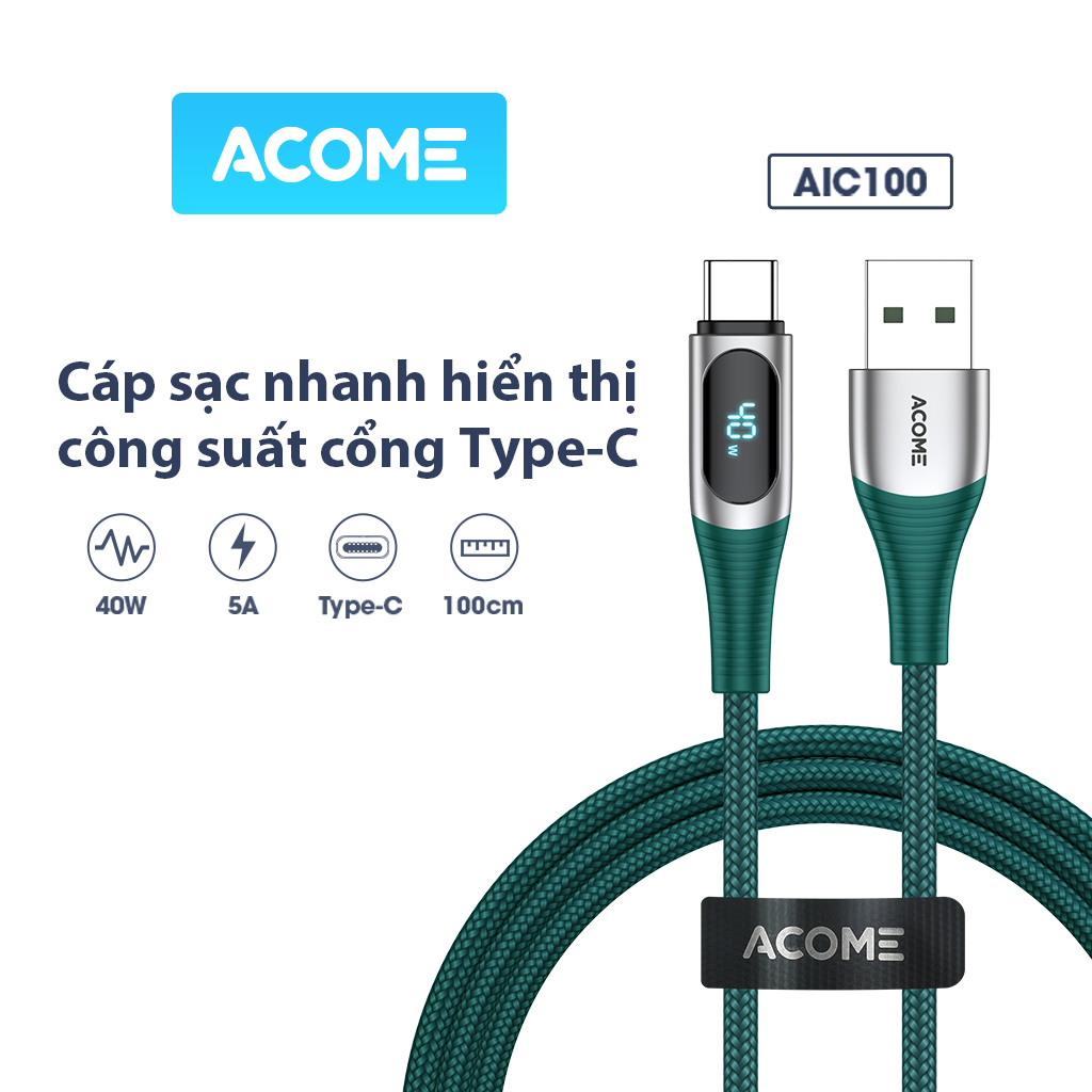 Cáp Sạc Nhanh Type-C Acome AIC100 Đèn LED Hiển Thị Công Suất 40W Dài 1m - Hàng chính hãng