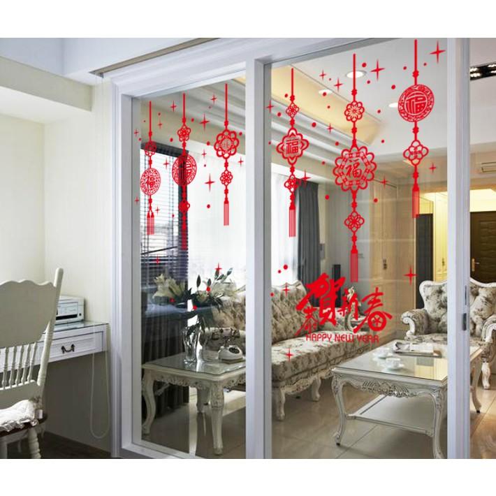 Decal trang trí Tết - Rèm dây kết đồng tiền chữ đỏ
