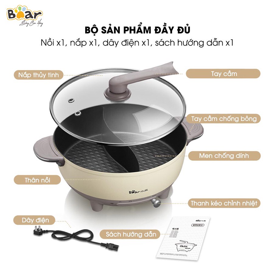Nồi lẩu điện đa năng 2 ngăn uyên ương, Bear Nồi lẩu rời,nướng, chiên, xào, nấu canh chính hãng Bear dung tích 5 L model DHG-P50F1