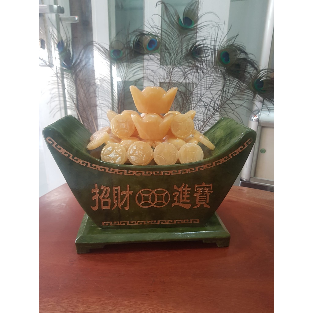 Tượng Chiếc Thuyền Phong Thủy Tài Lộc Chở Đầy Xiền Vàng Thỏi Vàng Quá Xá Đẹp Size Ngang 27cm x Cao 17cm x Sâu 13,5cm Thuyền Serpentine Xanh Thỏi Xiền vàng đẹp ơi là đẹp nặng 3,7kg may mắn tài lộc ạ