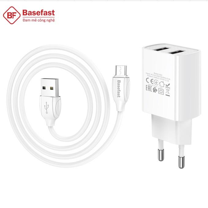 Bộ Sạc Nhanh 2 Cổng USB Chính Hãng BASEFAST B22m - Combo Củ kèm Cáp Sạc Micro USB 2.1A Cho Samsung, Xiaomi, Oppo... - Hàng Chính Hãng