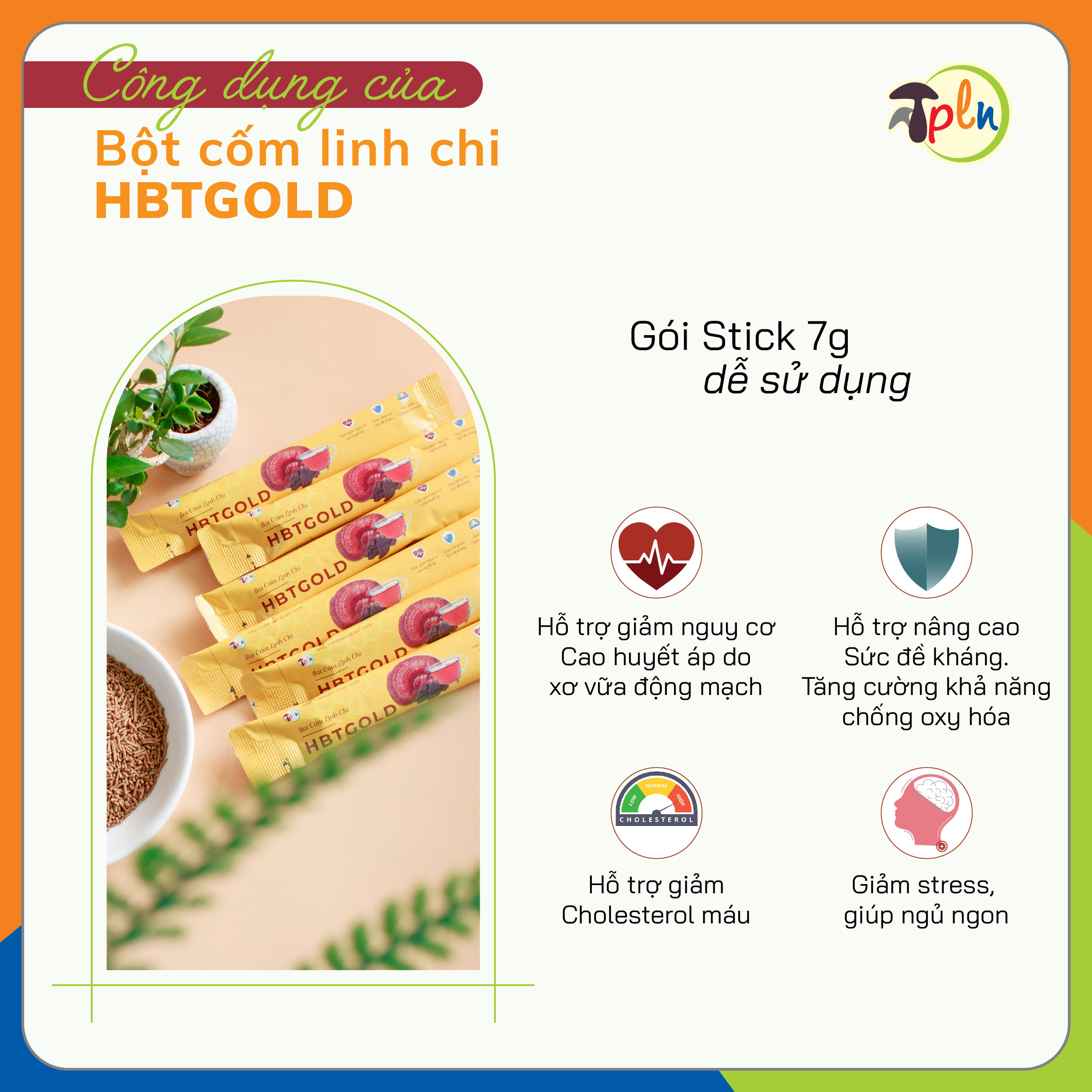 Bột cốm linh chi HBTGOLD - Hộp 10 gói - Hỗ trợ giảm Cholesterol, Hỗ trợ giảm huyết áp, Giúp ngủ ngon giấc