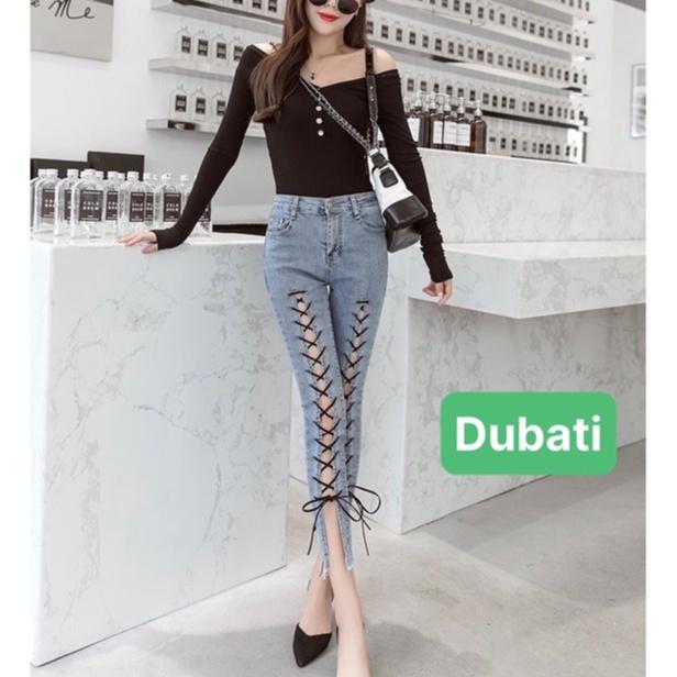 QUẦN JEAN NỮ CHẤT BÒ XANH DÂY CHÉO LƯNG CAO NÂNG MÔNG SIÊU HOT- DB 09- DUBATI FASHION