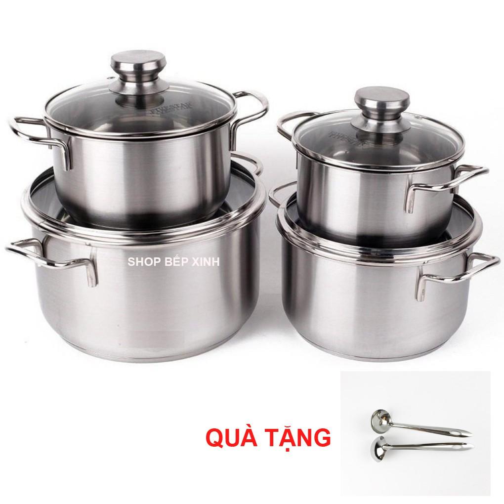 Bộ 4 nồi inox Fivestar 3 đáy bếp từ , inox 430 , nắp kính ( tặng 1 vá canh )