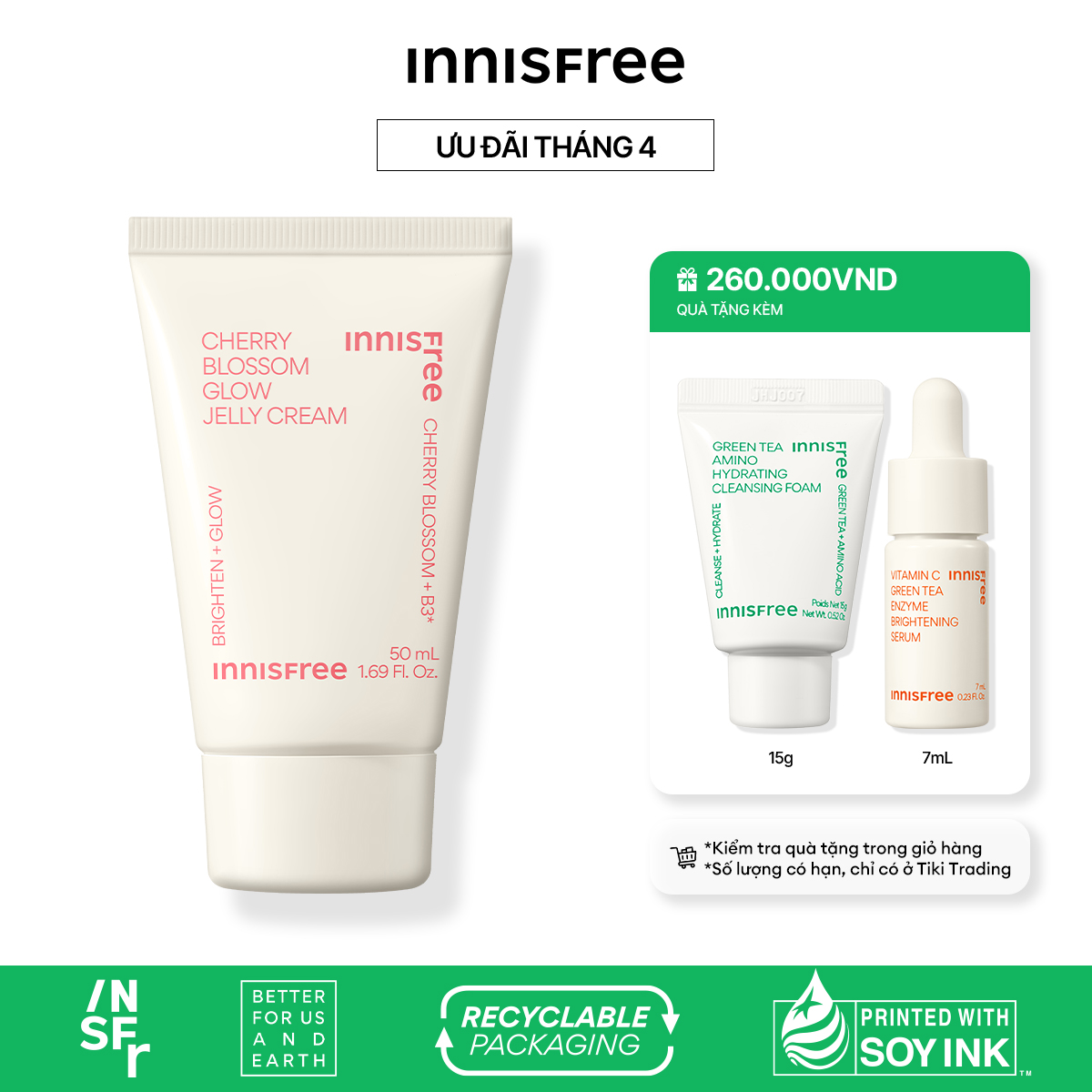 Kem dưỡng ẩm sáng da hoa anh đào đảo Jeju innisfree Cherry Blossom Tone Up Cream 50ml