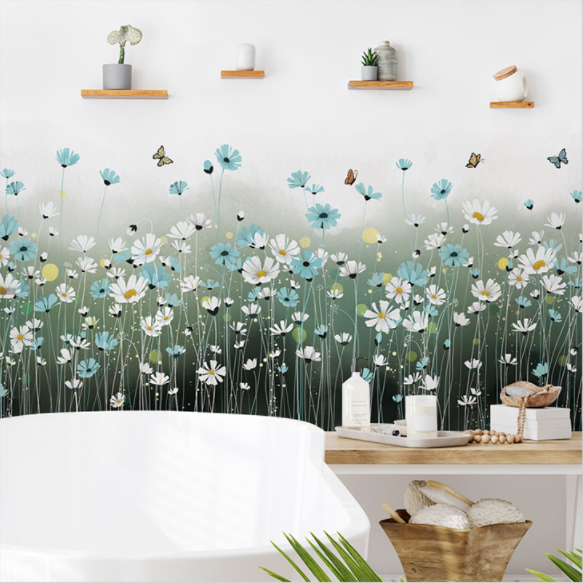 Decal trang trí tường - Chân tường hoa cúc trắng và xanh