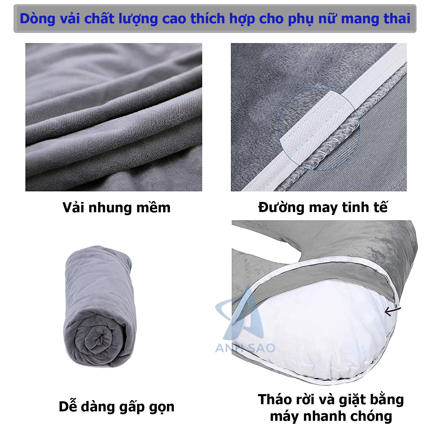 1 Vỏ gối ôm chữ U cho bà bầu vải nhung mềm mịn cao cấp A 70 x 145 x 15 cm ( không gồm ruột)