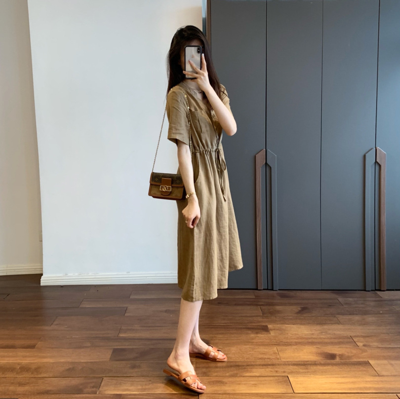 Đầm suông nữ dáng dài phong cách vintage, Đầm thiết kế cổ V 2 túi ngực