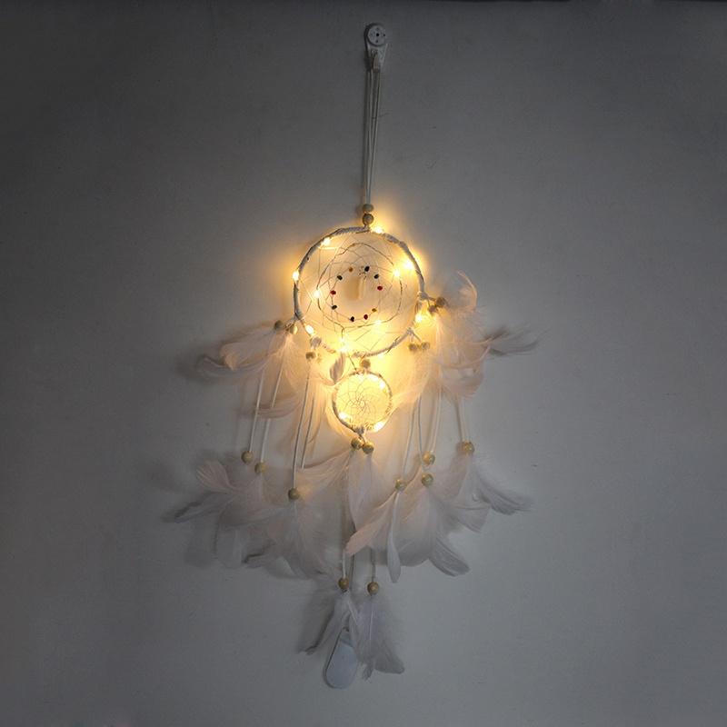 Dreamcatcher Đính Lông Vũ Có Đèn Led Màu Pastel/ Trắng/ Xanh/ Tím/ Hồng Treo Tường Trang Trí Phòng Ngủ Tặng Kèm Móc Dán