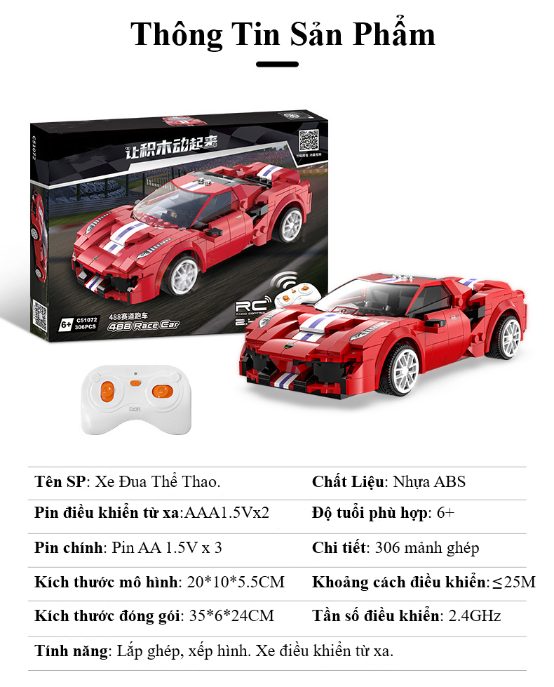 Bộ Đồ Chơi Lắp Ghép Xe Đua Thể Thao Ferrari 488 Race Car Với 306 Chi Tiết, Bộ Đồ Chơi Mô Hình Xe Đua Thể Thao Điều Khiển Từ Xa RC, Bộ Đồ Chơi Xếp Hình Xe Đua Thể Thao Ferrari 488 Cao Cấp Với 306 Chi Tiết - Chính Hãng BABYBOSS.