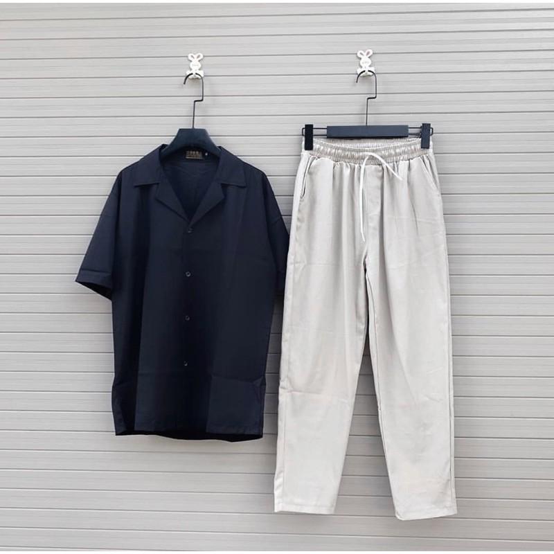 Áo Sơ Mi Trắng Đen Ngắn Tay Cổ Vest Vải Lụa Nam Nữ Unisex